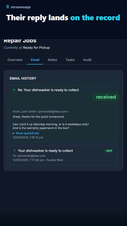 Customer replies land on the job, not in an inbox